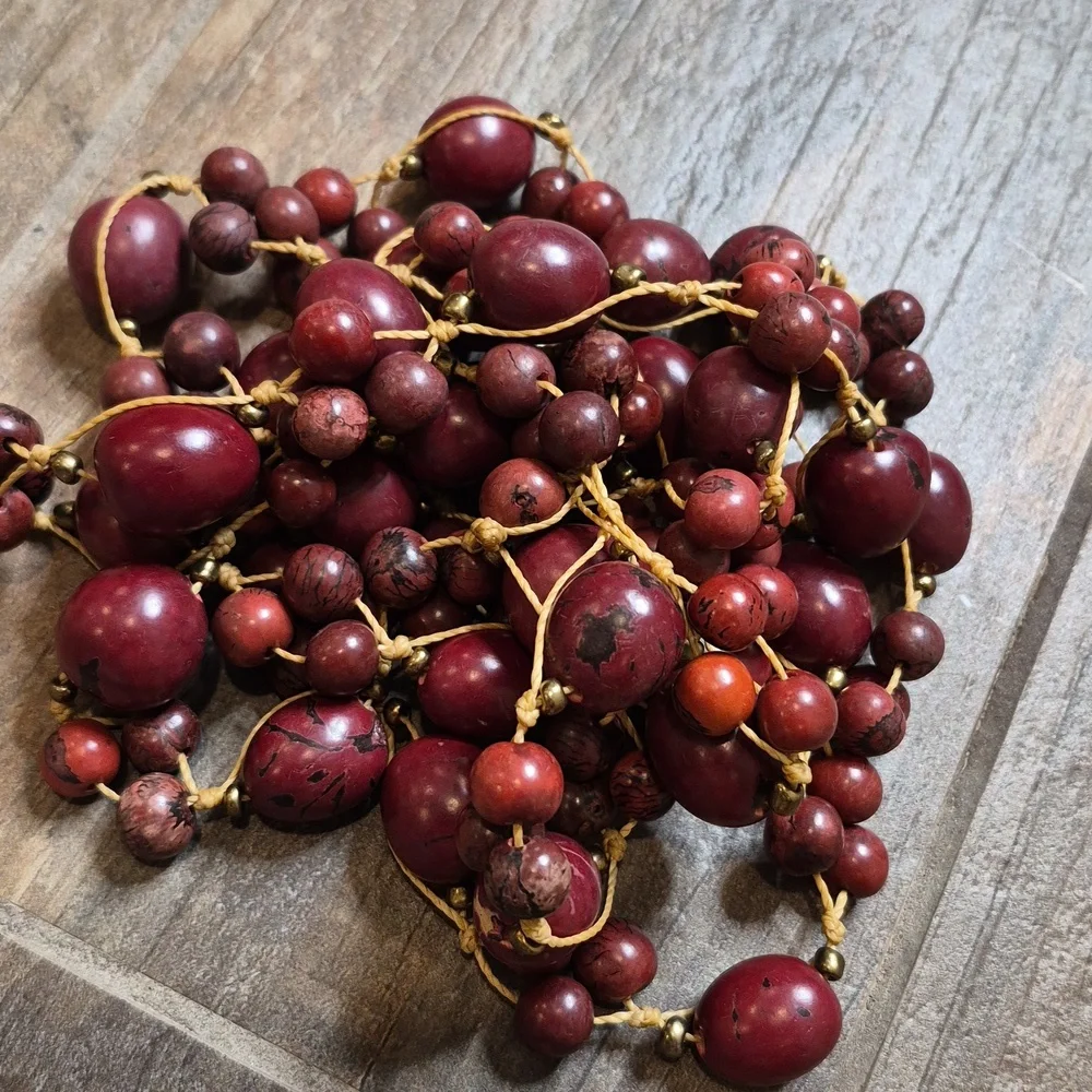 Vintage Cranberry Maroon Beaded Gold Tone Spacers Knotted Cord Long Necklace - Picture 7 of 14